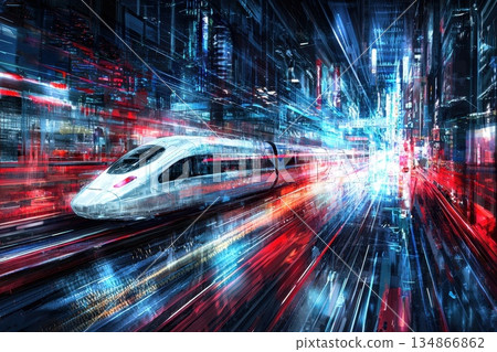 Futuristic Rail Transport Concept with Dynamic Motion and Vibrant City Lights Futuristic Rail Transport Concept with Dynamic Motion and Vibrant City Lights 134866862