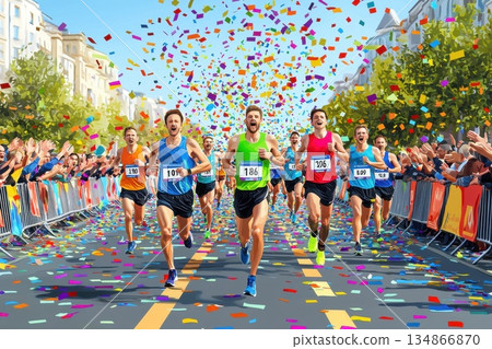 Vibrant Marathon Start Line Scene Filled with Runners and Colorful Confetti Celebration Vibrant Marathon Start Line Scene Filled with Runners and Colorful Confetti Celebration 134866870