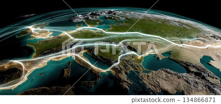 Aerial View of Global Terrain with Technology Overlays and Data Connections Aerial View of Global Terrain with Technology Overlays and Data Connections 134866871