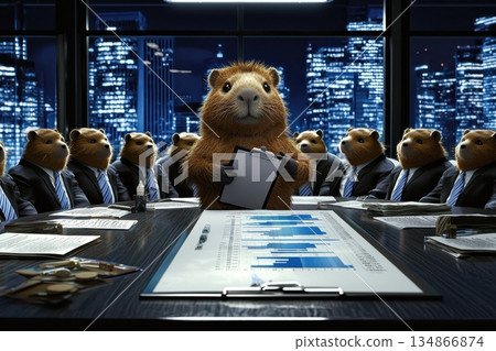 Chubby Capybara Leading Meeting at Roundtable in Cityscape with Business-Like Atmosphere Chubby Capybara Leading Meeting at Roundtable in Cityscape with Business-Like Atmosphere 134866874