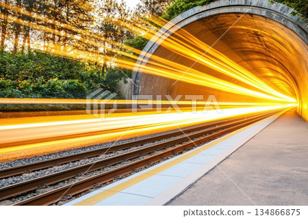 High-Speed Cargo Train Emerging from Tunnel with Blurred Lights in Scenic Landscape High-Speed Cargo Train Emerging from Tunnel with Blurred Lights in Scenic Landscape 134866875