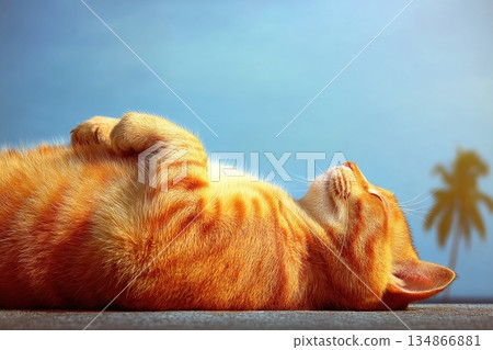 Cute Fat Cat Relaxing on a Summer Tropical Beach Under a Clear Blue Sky 134866881