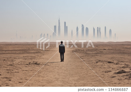 Person in Smart Jacket Standing in an Open Field with City Skyline in Background 134866887