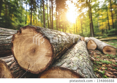 Close Up View of Tree Rings on Stacked Logs in Beautiful Forest Setting with Sunlight Close Up View of Tree Rings on Stacked Logs in Beautiful Forest Setting with Sunlight 134866888