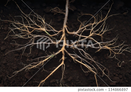 Close-Up Shot of a Single Root Tip Navigating Through Dark Soil with Fine Root Hairs Close-Up Shot of a Single Root Tip Navigating Through Dark Soil with Fine Root Hairs 134866897