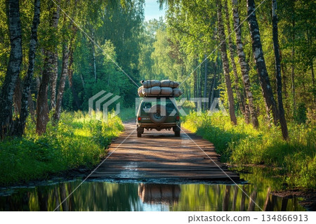Modern Vehicle Crossing Rustic Wooden Bridge Surrounded by Lush Greenery in Nature Modern Vehicle Crossing Rustic Wooden Bridge Surrounded by Lush Greenery in Nature 134866913