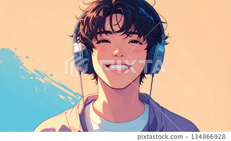 一位微笑的男子戴著耳機聽音樂的插圖（人工智慧生成） 134866928