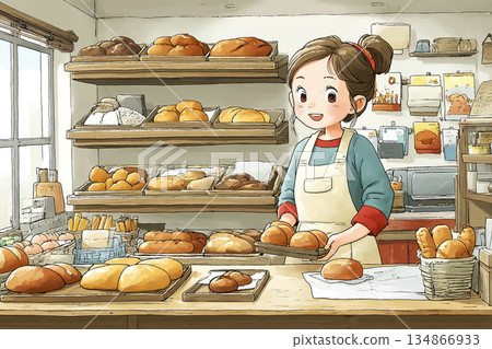 Illustration of a bakery staff arranging freshly baked bread 134866933