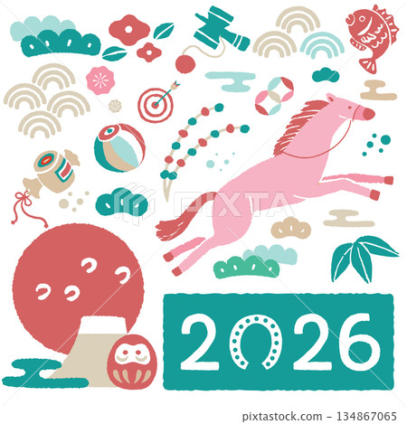 可愛的手繪馬年新年賀卡素材 134867065