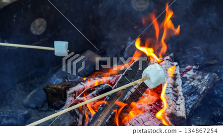 Marshmallows being roasted over an open campfire, with glowing flames and charred wood creating a warm, inviting atmosphere for outdoor gatherings Marshmallows being roasted over an open campfire, with glowing flames and charred wood creating a warm, inviting atmosphere for outdoor gatherings 134867254
