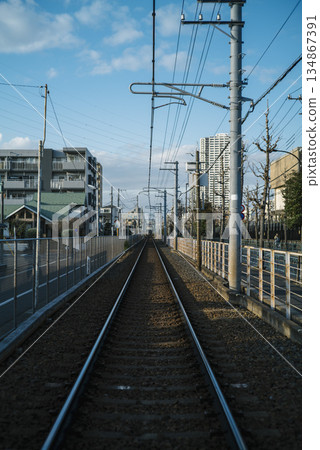 Keisei Kanamachi Line single track at dusk Keisei Kanamachi Line single track at dusk 134867391