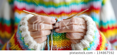 Active senior happy retirement elderly health aging society knitting colorful sweater closeup of hands knitting with needles and yarn showing texture and calm expression 134867592