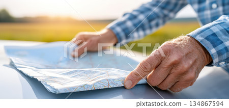 Active senior happy retirement elderly health aging society exploring countryside map on car hood at sunset showing travel planning and joyful independence 134867594
