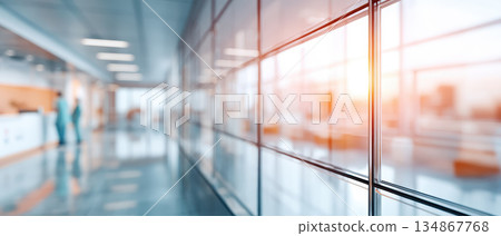 Bright medical background corridor with glass wall and soft sunlight creating calm clinical atmosphere 134867768