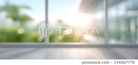 Bright medical background with soft sunlight through large glass windows creating calm natural tones and subtle floor reflection evoking serenity and wellness 134867770