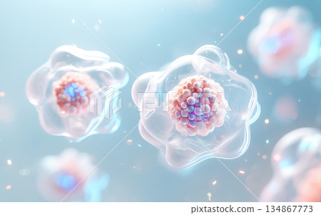 Soft clinical medical background showing translucent cells with textured nuclei in pastel light conveying delicate microscopic health research scene 134867773
