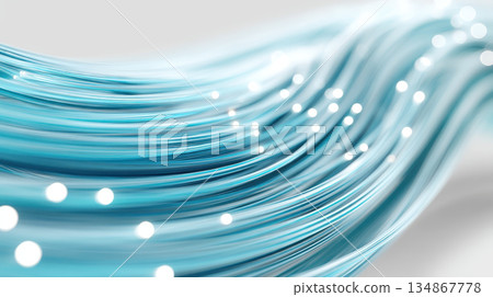 Flowing turquoise fiber optic strand on soft medical background suggesting data transmission and gentle motion with glowing points conveying connectivity and calm energy 134867778