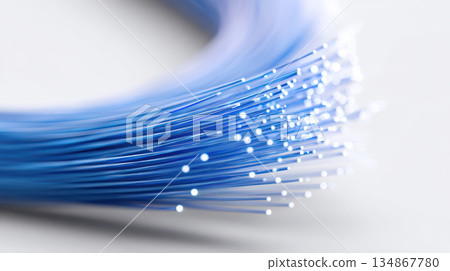 Blue optical fiber bundle with glowing tips medical background and soft bokeh conveying connection speed and modern communication technology 134867780