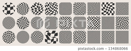 Groovy checkered pattern, colorful tiled grid. Vintage wavy curved backdrop, distortion effect. Funky geometric chessboard texture, retro background in 90s style, y2k. Vector illustration 134868066