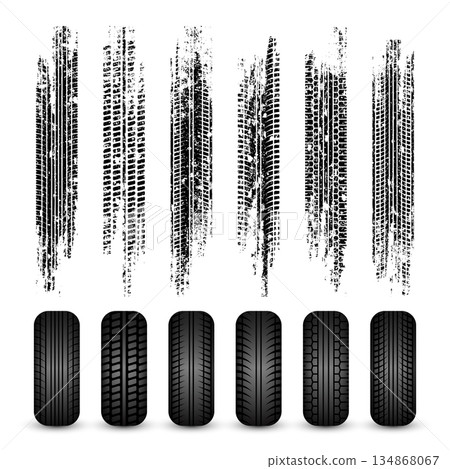 Grunge tire tracks, rubber wheels, and braking marks. Truck, car, or motorcycle tread pattern silhouettes. Perfect for auto racing, motorsport, and speed-related designs. Vector illustration Grunge tire tracks, rubber wheels, and braking marks. Truck, car, or motorcycle tread pattern silhouettes. Perfect for auto racing, motorsport, and speed-related designs. Vector illustration 134868067