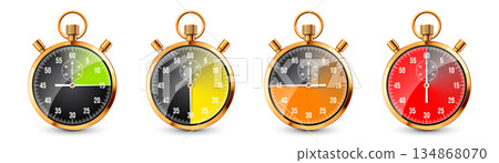 Realistic classic stopwatch. Shiny golden metal chronometer, time counter with dial. Colorful countdown timer showing minutes, seconds. Time measurement for sport, start, finish. Vector illustration Realistic classic stopwatch. Shiny golden metal chronometer, time counter with dial. Colorful countdown timer showing minutes, seconds. Time measurement for sport, start, finish. Vector illustration 134868070