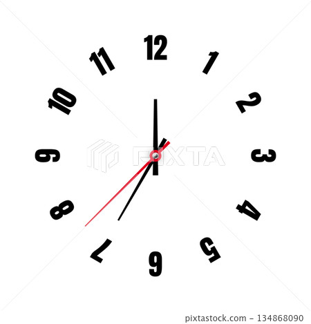Mechanical clock face with arabic numerals, bezel. Watch dial with minute, hour marks and numbers. Timer or stopwatch element. Blank measuring circle scale with divisions. Vector illustration 134868090