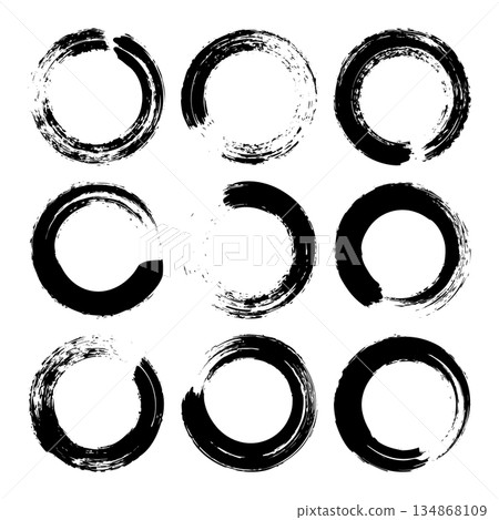 Grunge circles, brush strokes, lines, ink smudges, hand-drawn scribble shapes. Handmade sketchy marks, acrylic stains, charcoal streaks. Paint textures, dry brush effect. Vector illustration 134868109