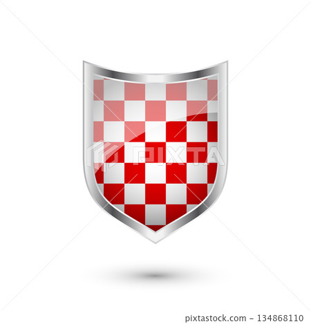 Glossy shield with red and black pattern. Security and protection concept. Cyber safety icons, internet privacy, web defense, digital data protection and antivirus themes. Vector illustration 134868110