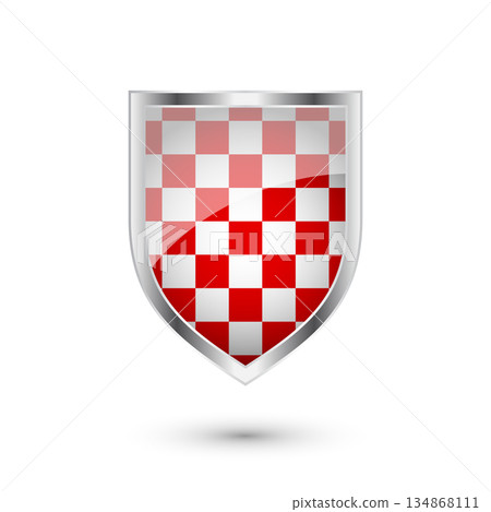 Glossy shield with red and black pattern. Security and protection concept. Cyber safety icons, internet privacy, web defense, digital data protection and antivirus themes. Vector illustration 134868111