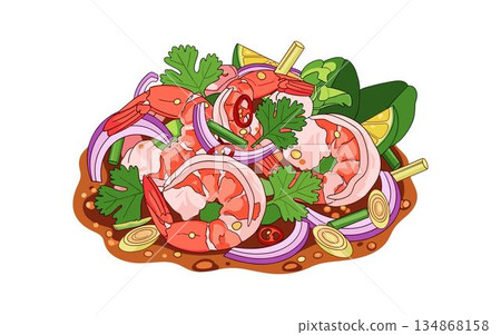 Appetizing shrimp salad with fresh vegetables and herbs, perfect for a healthy meal or restaurant menu 134868158