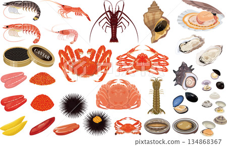Seafood illustrations and icons ③ (crab, shrimp, scallop, oyster, sea urchin, salmon roe) 134868367