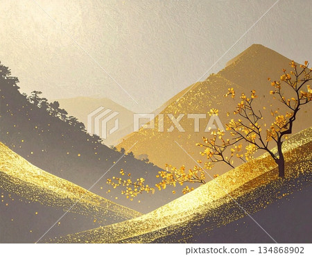 New Year's celebration (Japanese paper and gold texture) 134868902