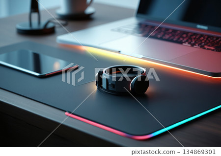 laptop with smartphone and headphones 134869301