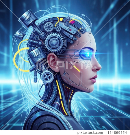 Cyborg woman with glowing blue eye and mechanical brain 134869554