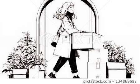 一位年輕女子正在打包和拆包準備搬家（顏色簡潔） 134869682