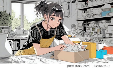 一位年輕女子正在打包和拆包準備搬家。 134869698