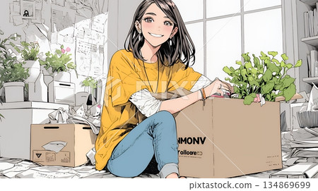 一位年輕女子正在打包和拆包準備搬家。 134869699