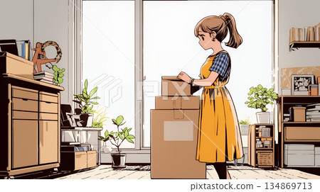 A young woman packing and unpacking for a move 134869713