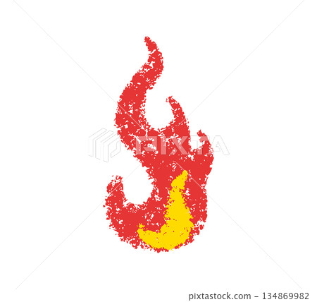 Doodle fire in crayon style. Hand drawn flame tongues with grunge sketch texture. Graphic element for fun collage, sticker. Crayon doodle fire. Vector chalk illustration isolated on white background 134869982