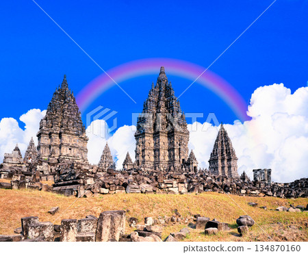 View of the Prambanan temple ruins in Yogyakarta 134870160