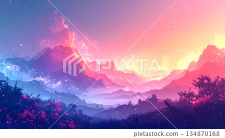 夕陽西下,山脈在落日餘暉中映照,宛如一幅美麗的畫卷。 夕陽西下,山脈在落日餘暉中映照,宛如一幅美麗的畫卷。 134870168