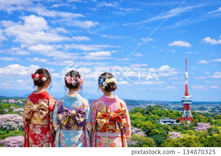 View of Utsunomiya Tower from the observation lobby of Tochigi Prefectural Office. Cherry blossoms in full bloom. View of Utsunomiya Tower from the observation lobby of Tochigi Prefectural Office. Cherry blossoms in full bloom. 134870325