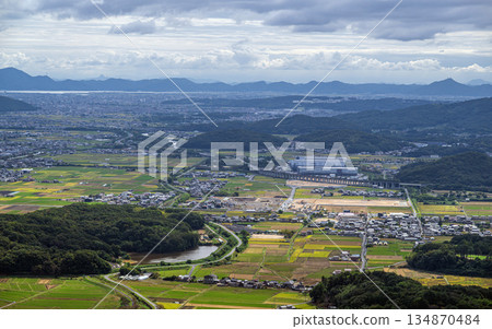 View of the Okayama Plain from Kinojo Castle in Okayama View of the Okayama Plain from Kinojo Castle in Okayama 134870484