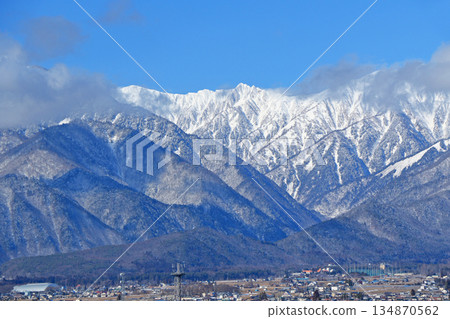 The Northern Alps in winter as seen from Omachi Mountain Museum 134870562