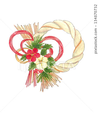Shimenawa decoration painted in watercolor [hand-drawn] White background Copy space Transparent background 134870732
