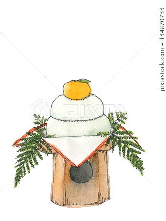 Watercolor Kagami mochi [hand-drawn] White background Copy space Transparent background 134870733