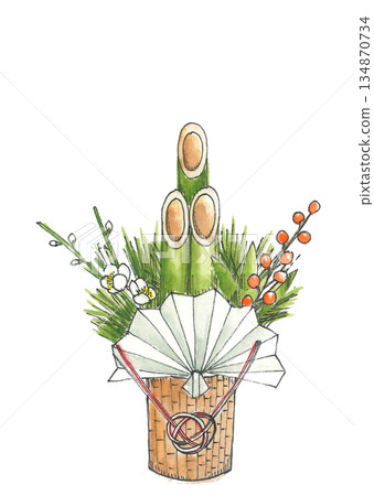 手繪水彩風景畫，附門松圖案，白色背景，留白，透明背景 134870734