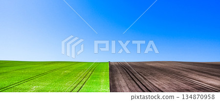 Blue wheat fields and cultivated brown fields seen from a hill in Biei, Hokkaido in spring Blue wheat fields and cultivated brown fields seen from a hill in Biei, Hokkaido in spring 134870958