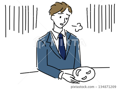 A male office worker removes his smiling mask and sighs A male office worker removes his smiling mask and sighs 134871209