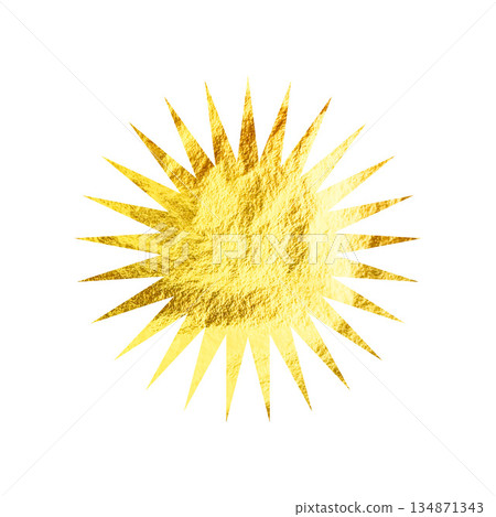 Golden star, sunburst symbol. Shiny gold foil. Vintage sunbeam symbol. Shopping labels, sale sticker, quality mark. Modern art. Wedding, greeting card decoration elements. Vector illustration 134871343